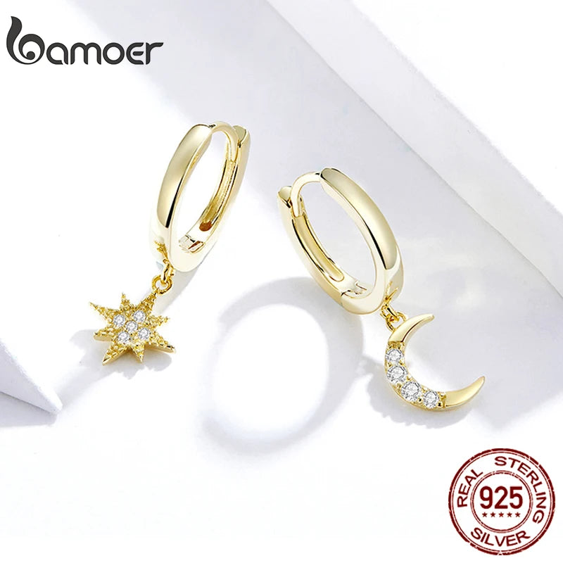 BAMOER 925 Silver Moon & Star Dangle Earrings - Gold Plated