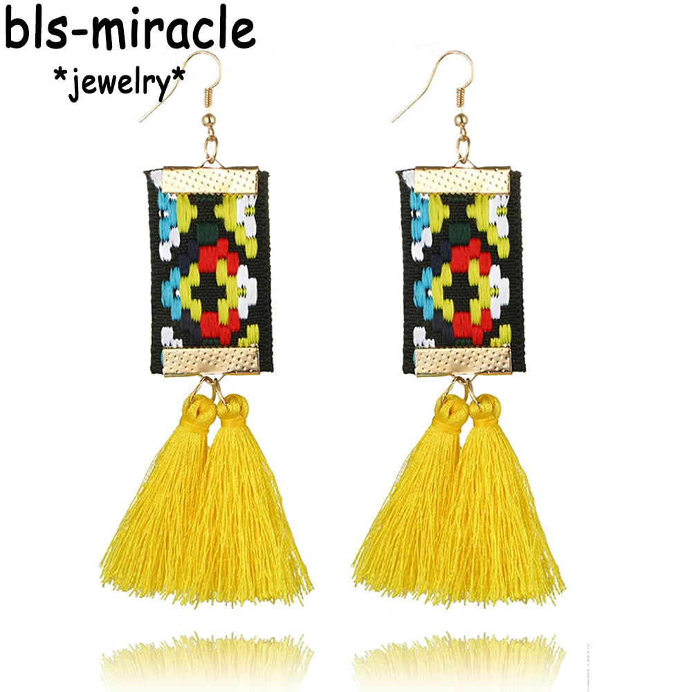 Bls-miracle Bohemian Tassel Earrings - Ethnic Rectangle Ribbon