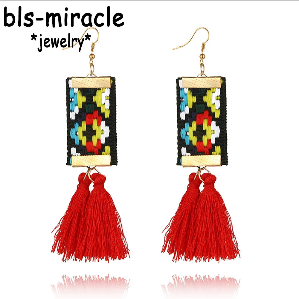 Bls-miracle Bohemian Tassel Earrings - Ethnic Rectangle Ribbon