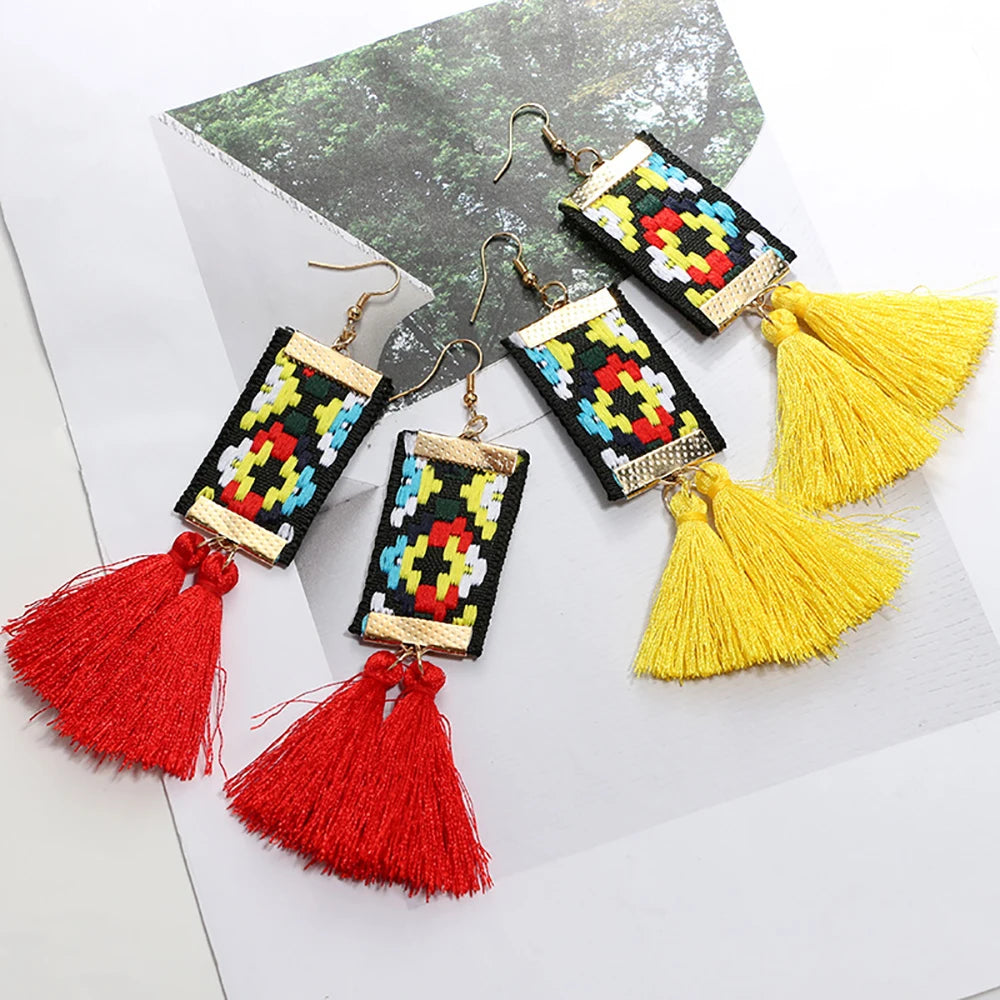 Bls-miracle Bohemian Tassel Earrings - Ethnic Rectangle Ribbon