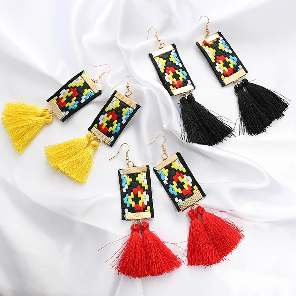 Bls-miracle Bohemian Tassel Earrings - Ethnic Rectangle Ribbon