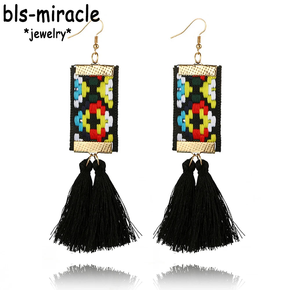 Bls-miracle Bohemian Tassel Earrings - Ethnic Rectangle Ribbon
