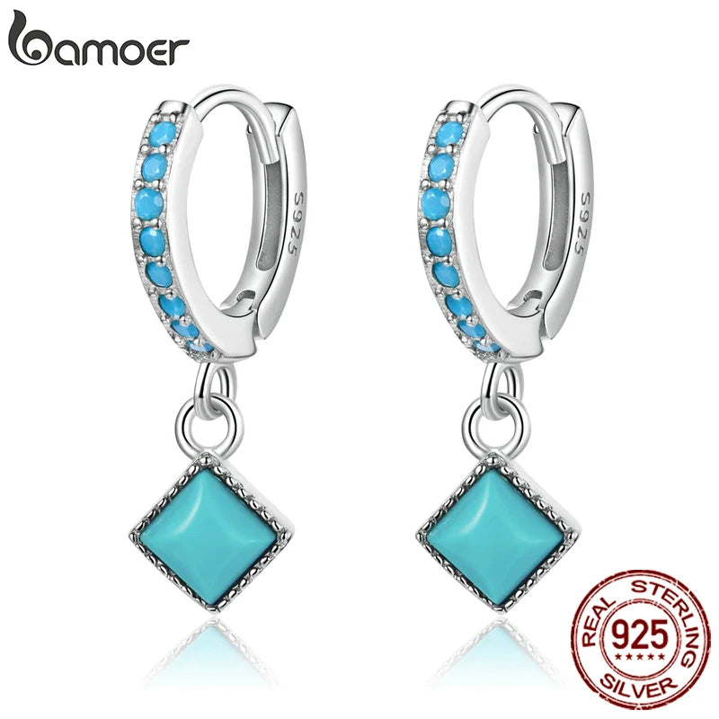 BAMOER 925 Silver Turquoise Drop Earrings - Vintage Simple